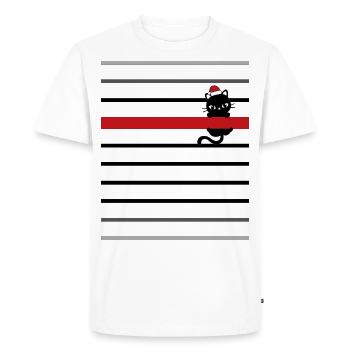 Marinière noire bande rouge chat fleur noël - T-shirt Premium bio Homme - blanc - Devant - Nico (187cm)