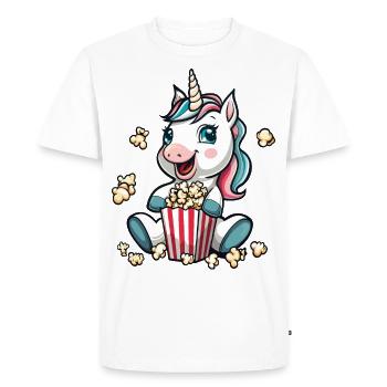 Aufgeregtes Einhorn mit Popcorneimer - Männer Premium Bio T-Shirt - Weiß - Vorne - Nico (187cm)