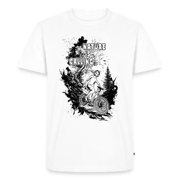 "Nature is calling": Biker on the road through the backdrop of trees - Men's Premium Organic T-Shirt - white - Front - Nico (187cm)