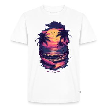 Planche de surf Sunset – Retro Palm Trees & Waves Design - T-shirt Premium bio Homme - blanc - Devant - Nico (187cm)