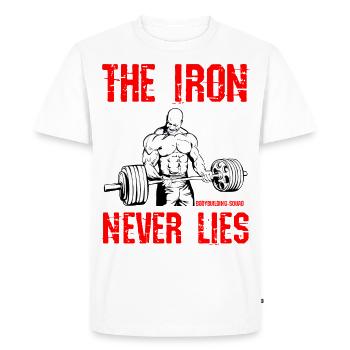 Escouade de culturisme - Le fer ne ment jamais - T-shirt Premium bio Homme - blanc - Devant - Nico (187cm)