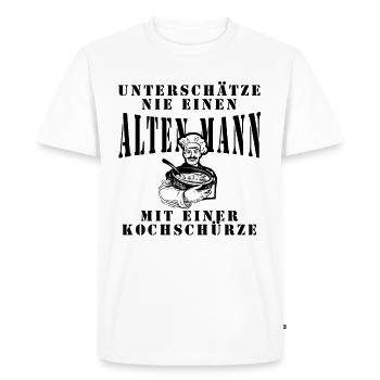 Vieil homme avec tablier, Ne sous-estimez jamais - T-shirt Premium bio Homme - blanc - Devant - Nico (187cm)
