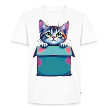 Chat assis dans un emballage en carton Humour drôle typique - T-shirt Premium bio Homme - blanc - Devant - Nico (187cm)