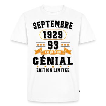 93 Ans Anniversaire Vintage Né(e) Septembre 1929 - T-shirt Premium bio Homme - blanc - Devant - Nico (187cm)