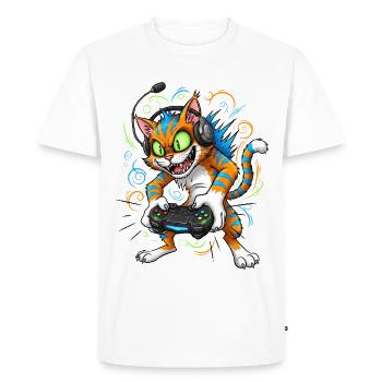 Neon Gaming Cat with Controller Gamer Cat - Men's Premium Organic T-Shirt - white - Front - Nico (187cm)