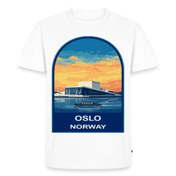 Insigne rétro de voyage au coucher de soleil d’Oslo à l’Opéra de Norvège - T-shirt Premium bio Homme - blanc - Devant - Nico (187cm)
