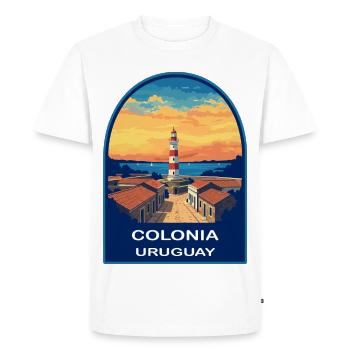 Colonia Uruguay Lighthouse Retro Sunset Badge - Men's Premium Organic T-Shirt - white - Front - Nico (187cm)