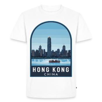 Hong Kong Skyline Star Ferry Retro Blue Sky Badge - Men's Premium Organic T-Shirt - white - Front - Nico (187cm)
