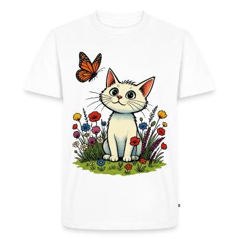 Chat blanc avec papillon sur la prairie fleurie - T-shirt Premium bio Homme - blanc - Devant - Nico (187cm)