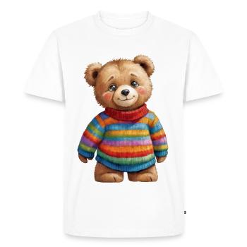 Un joli ours en peluche dans un pull rayé coloré - T-shirt Premium bio Homme - blanc - Devant - Nico (187cm)