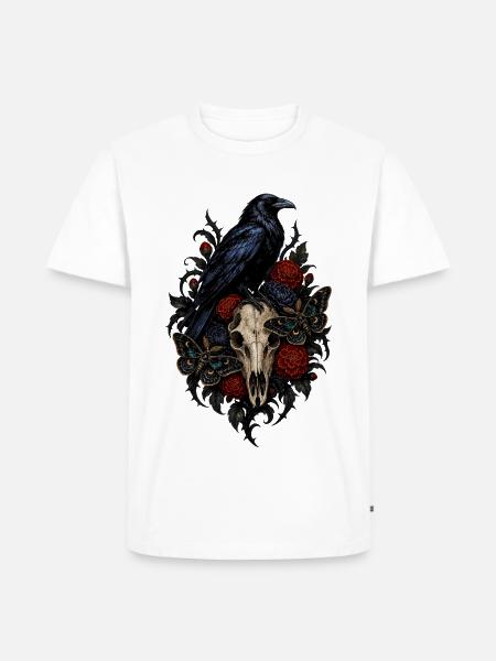 Rabe mit Schädel und Nachtblumen - Männer Premium Bio T-Shirt - Weiß