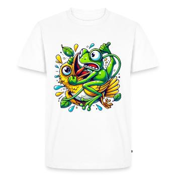 Funny Frog Clinging to Bird Cartoon - Men's Premium Organic T-Shirt - white - Front - Nico (187cm)