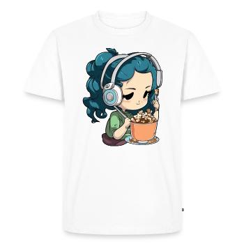 Une fille avec des écouteurs écoute de la musique et mange des céréales - T-shirt Premium bio Homme - blanc - Devant - Nico (187cm)
