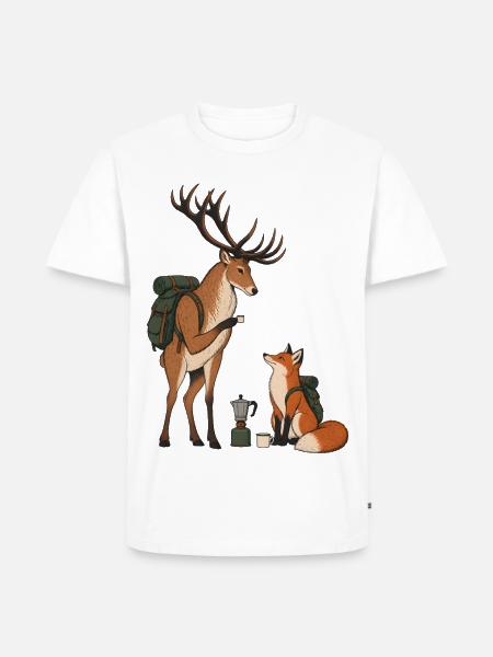 Hirsch & Fuchs – Kaffeepause beim Wandern - Männer Premium Bio T-Shirt - Weiß