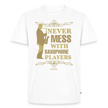 Ne jouez jamais avec les saxophonistes - T-shirt Premium bio Homme - blanc - Devant - Nico (187cm)