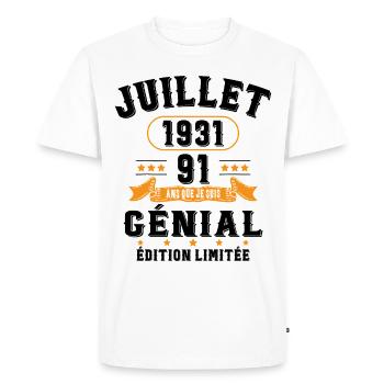 91 Ans Anniversaire Vintage Né(e) en Juillet 1931 - T-shirt Premium bio Homme - blanc - Devant - Nico (187cm)