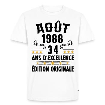 34 Ans Anniversaire Vintage Né(e) en Août 1988 - T-shirt Premium bio Homme - blanc - Devant - Nico (187cm)