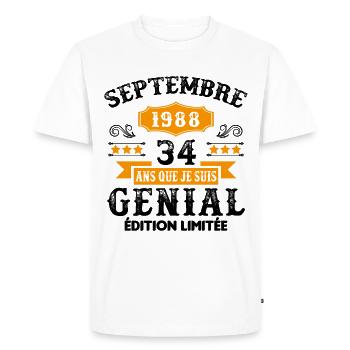 34 Ans Anniversaire Vintage Né(e) Septembre 1988 - T-shirt Premium bio Homme - blanc - Devant - Nico (187cm)