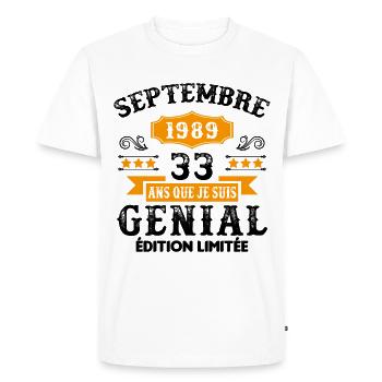 33 Ans Anniversaire Vintage Né(e) Septembre 1989 - T-shirt Premium bio Homme - blanc - Devant - Nico (187cm)