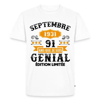 91 Ans Anniversaire Vintage Né(e) Septembre 1931 - T-shirt Premium bio Homme - blanc - Devant - Nico (187cm)