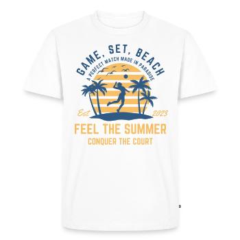 Fille de volleyball jouant à la plage pendant l’été - T-shirt Premium bio Homme - blanc - Devant - Nico (187cm)