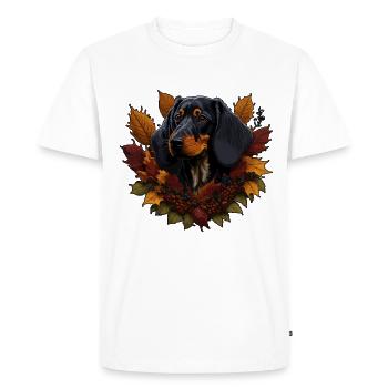 Chien teckel dans les feuilles d’automne - T-shirt Premium bio Homme - blanc - Devant - Nico (187cm)