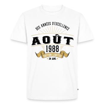 34 Ans Anniversaire Vintage Né(e) en Août 1988 - T-shirt Premium bio Homme - blanc - Devant - Nico (187cm)