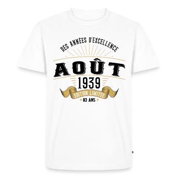 83 Ans Anniversaire Vintage Né(e) en Août 1939 - T-shirt Premium bio Homme - blanc - Devant - Nico (187cm)