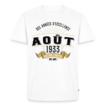 89 Ans Anniversaire Vintage Né(e) en Août 1933 - T-shirt Premium bio Homme - blanc - Devant - Nico (187cm)