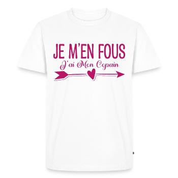 Je m'en fous j'ai mon copain. Cadeau copain copine - T-shirt Premium bio Homme - blanc - Devant - Nico (187cm)