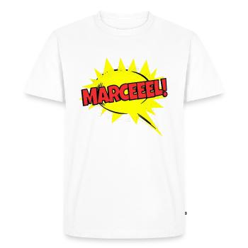 Marcel nom drôle bulle de discours Marceeel ! - T-shirt Premium bio Homme - blanc - Devant - Nico (187cm)
