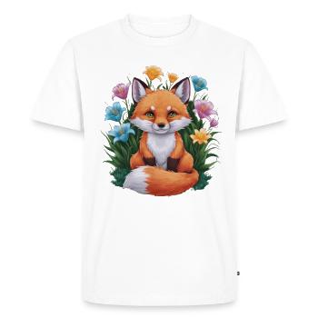 Cartoon kawaii fox with colorful lilies - Men's Premium Organic T-Shirt - white - Front - Nico (187cm)