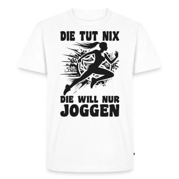 Coureuse qui ne fait rien, elle a juste envie de faire du footing, joggeuse - T-shirt Premium bio Homme - blanc - Devant - Nico (187cm)