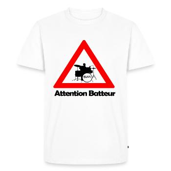 Attention batteur - cadeau batterie humour - T-shirt Premium bio Homme - blanc - Devant - Nico (187cm)