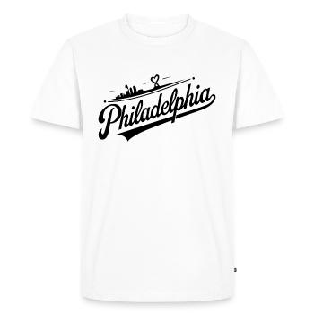 Pittsburgh Skyline and Bridge Script Logo in Bold - Men's Premium Organic T-Shirt - white - Front - Nico (187cm)