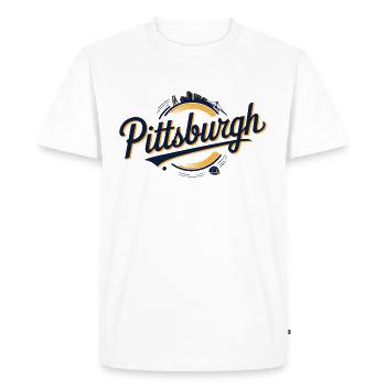 Pittsburgh Skyline and Bridge Script Logo in Bold - Men's Premium Organic T-Shirt - white - Front - Nico (187cm)