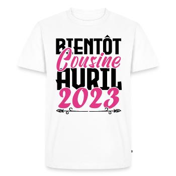 Annonce grossesse. bientôt Cousine Avril 2023. - T-shirt Premium bio Homme - blanc - Devant - Nico (187cm)