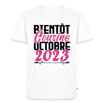 Annonce grossesse. bientôt Cousine Octobre 2023. - T-shirt Premium bio Homme - blanc - Devant - Nico (187cm)