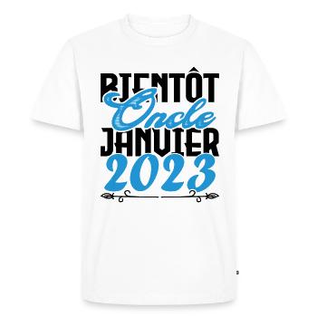Annonce grossesse. bientôt Oncle Janvier 2023. - T-shirt Premium bio Homme - blanc - Devant - Nico (187cm)
