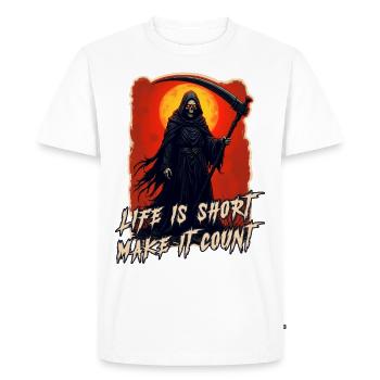 Faucheuse gothique - Mort | Life is Short, Skull - T-shirt Premium bio Homme - blanc - Devant - Nico (187cm)