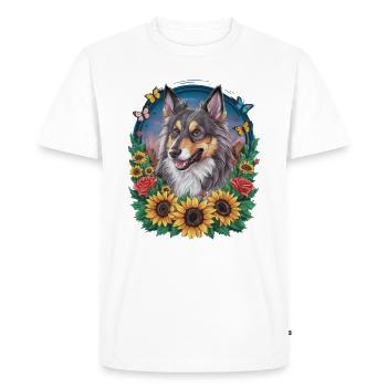 Norwegian Elkhound with Roses, Butterflies - Men's Premium Organic T-Shirt - white - Front - Nico (187cm)