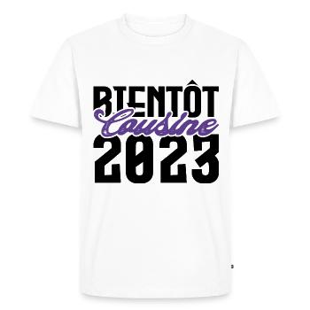 Cadeau Annonce grossesse bientôt Cousine 2023. - T-shirt Premium bio Homme - blanc - Devant - Nico (187cm)