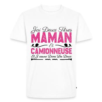 J'ai deux titres maman et Camionneuse.Cadeau Maman - T-shirt Premium bio Homme - blanc - Devant - Nico (187cm)