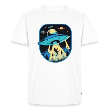 UFO Dinosaur, Alien Abduction - Men's Premium Organic T-Shirt - white - Front - Nico (187cm)