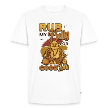 Frotte mon ventre pour la chance, drôle de Bouddha - T-shirt Premium bio Homme - blanc - Devant - Nico (187cm)