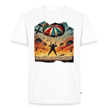 "It Smells Like Kerosene - Celestial Adventure" - Men's Premium Organic T-Shirt - white - Front - Nico (187cm)