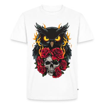 Hibou mystique assis sur le crâne avec des roses rouges - T-shirt Premium bio Homme - blanc - Devant - Nico (187cm)