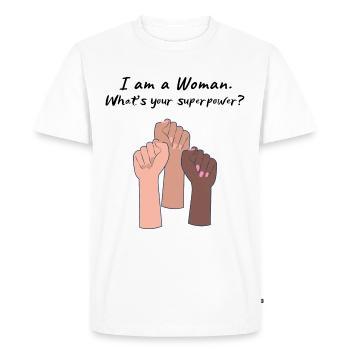 « Je suis une femme. Quel est votre superpouvoir? » - T-shirt Premium bio Homme - blanc - Devant - Nico (187cm)