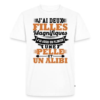 J'ai deux filles magnifiques, flingue pelle alibi - T-shirt Premium bio Homme - blanc - Devant - Nico (187cm)