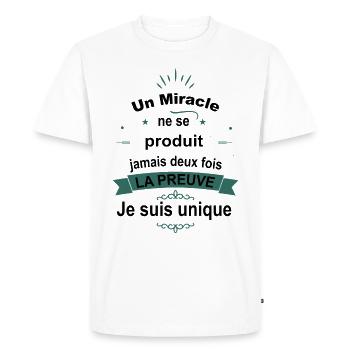 Citation Drôle • Je suis Unique • Miracle Cadeaux - T-shirt Premium bio Homme - blanc - Devant - Nico (187cm)